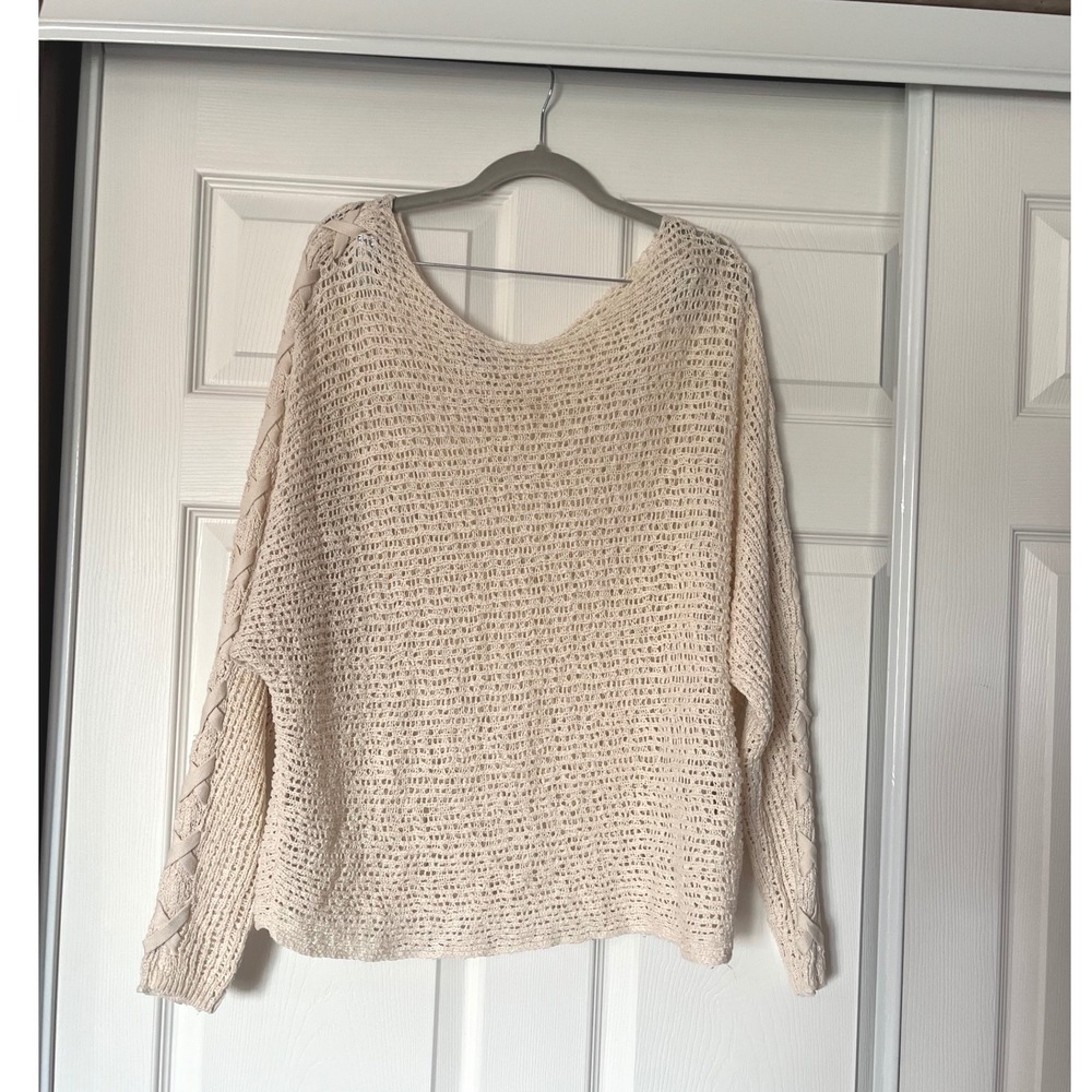 Billabong Womens Cream Open Knit Lace Up Sleeve Sweater Large V-310 Boho Beach